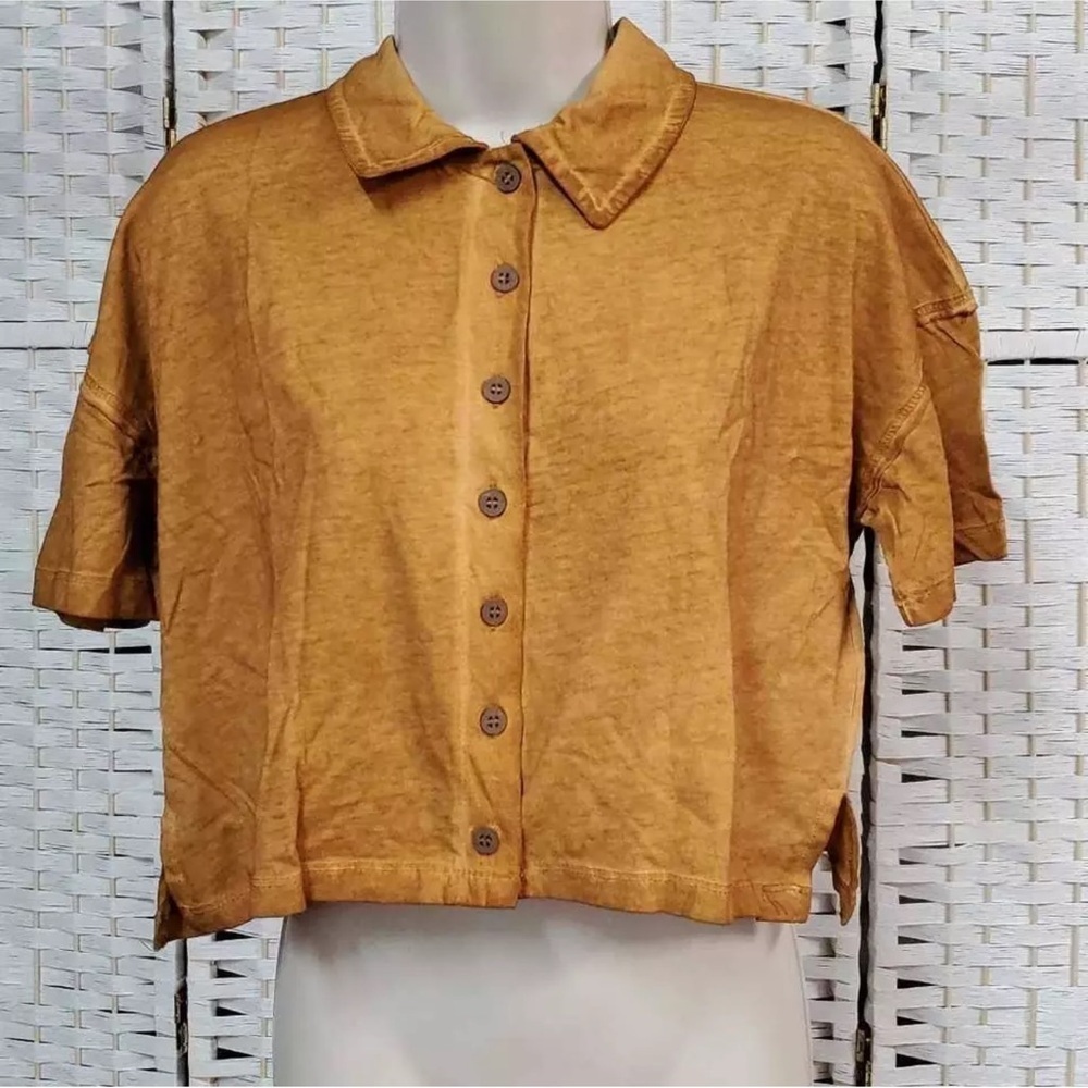 Free People Womens XS Weekend Rush Crop Top Brown Short Sleeve Button Fr…